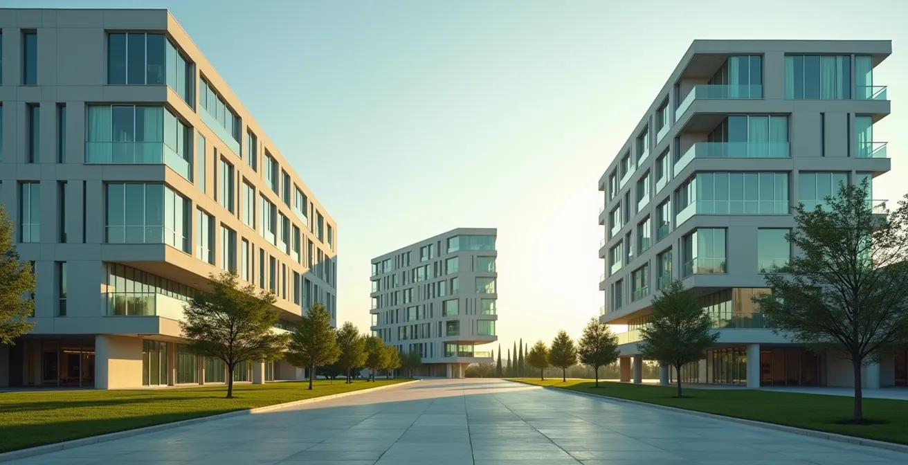 Bâtiments tertiaires modernes avec indicateurs de performance énergétique visibles métaphoriquement