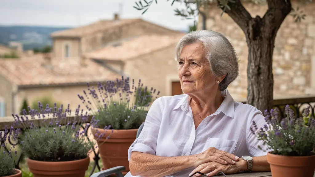 Senior européenne profitant d'une terrasse ombragée en Provence