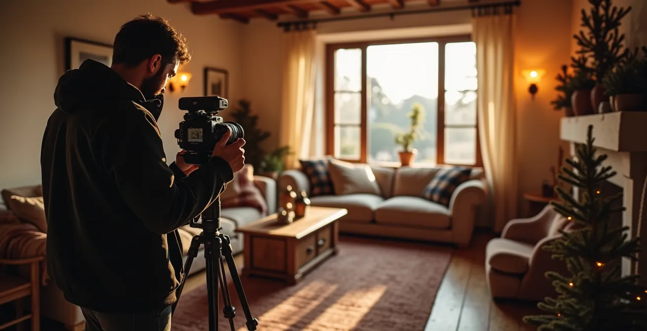 Photographe professionnel capturant l'ambiance cocooning d'un salon côte d'azur en basse saison