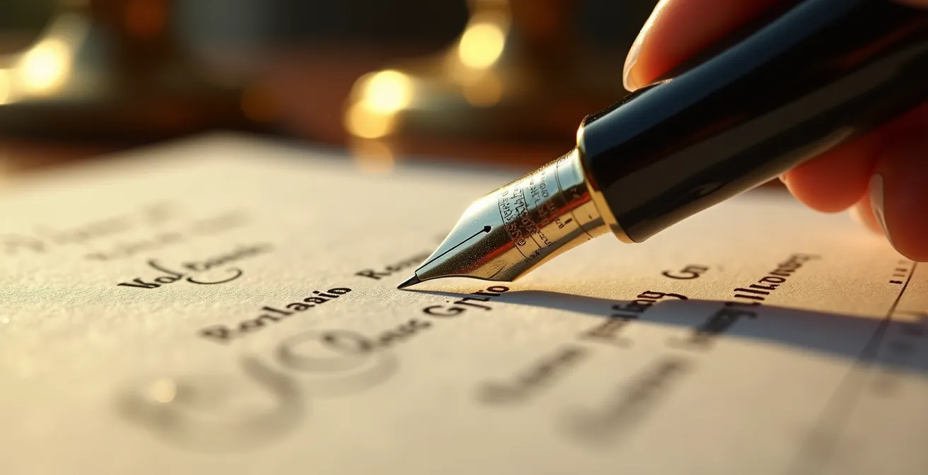 Mains signant une offre d'achat immobilière avec stylo plume sur bureau