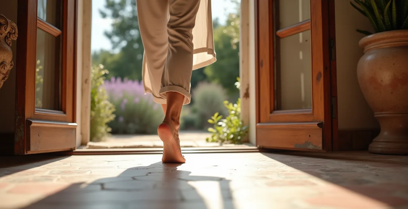 Sol en terre cuite provençale avec transition harmonieuse vers une terrasse