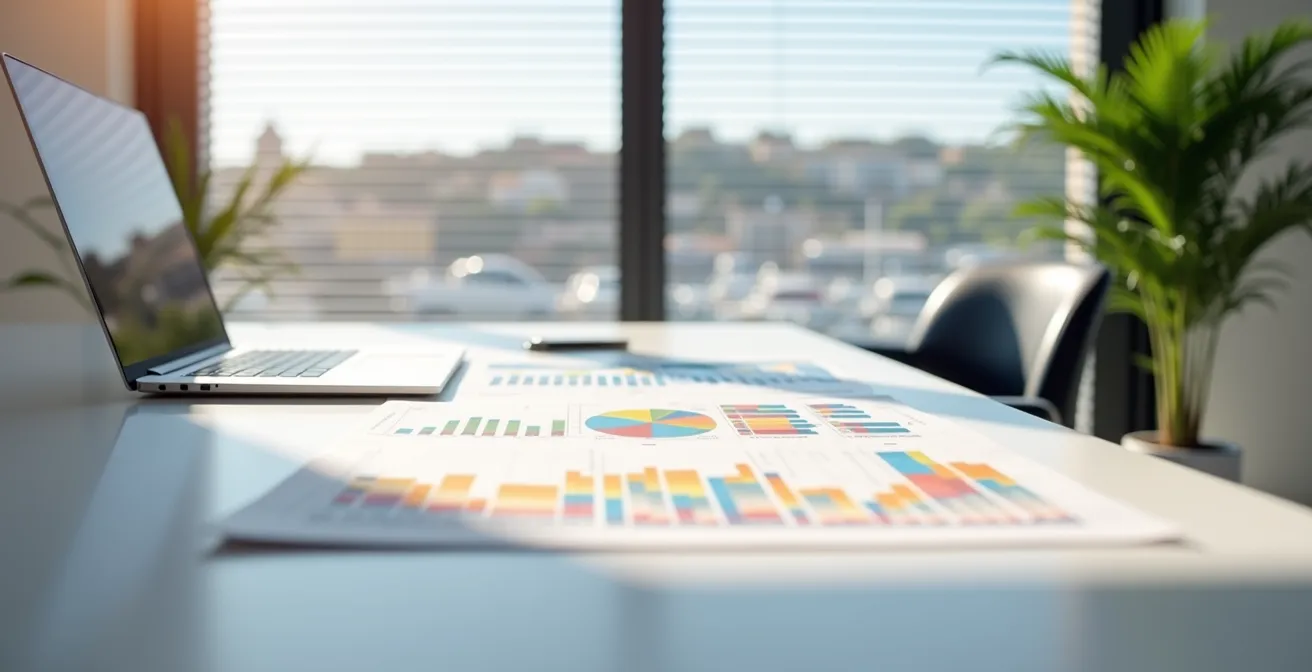 Tableau de bord moderne avec graphiques de performance immobilière sur écran flou en arrière-plan