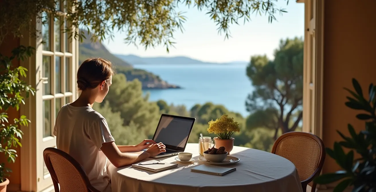 Villa provençale moderne avec terrasse aménagée en espace de travail face à la Méditerranée