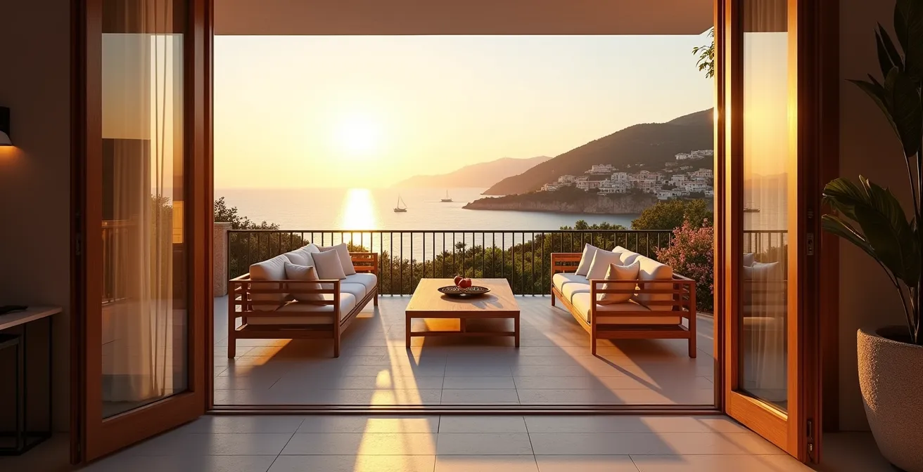 Terrasse panoramique avec vue sur la Méditerranée depuis un appartement de standing