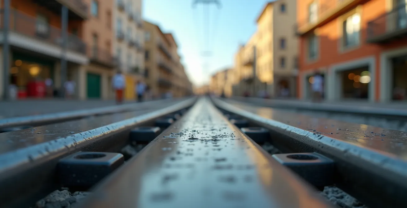 Nouvelle ligne de tramway traversant un quartier en mutation du nord de Marseille avec immeubles en rénovation