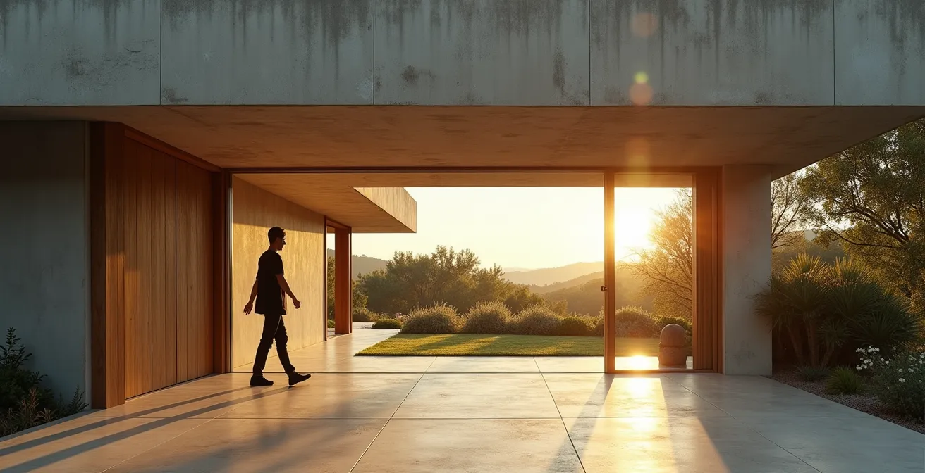 Portrait architectural d'une villa d'architecte contemporaine avec jeu d'ombre et lumière