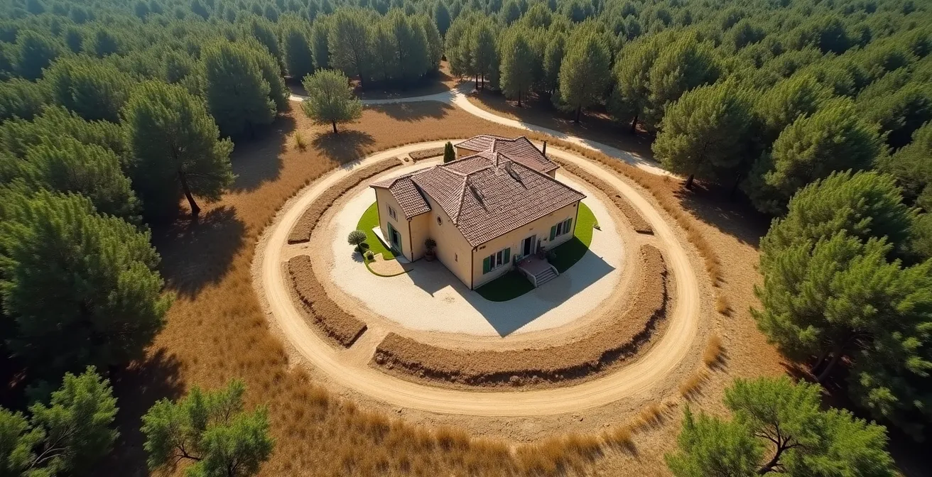 Vue aérienne d'une propriété provençale avec zone de débroussaillement obligatoire autour de la maison