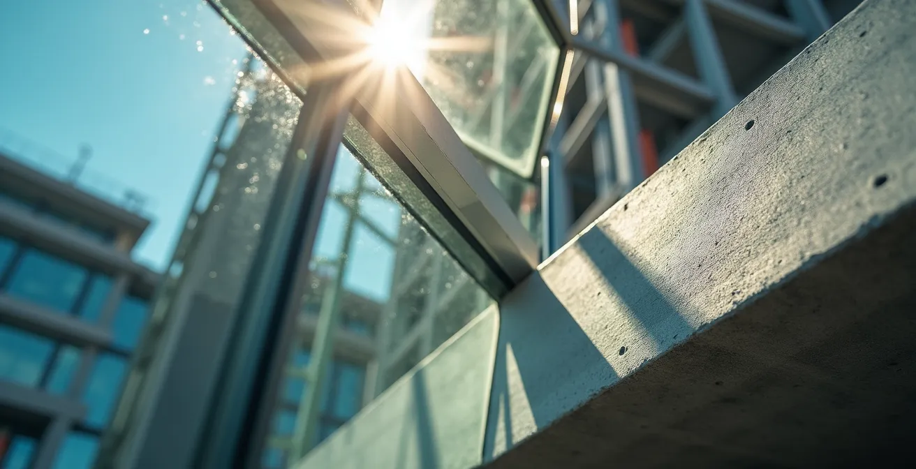 Vue macro détaillée de matériaux de construction modernes symbolisant la transformation urbaine de Marseille