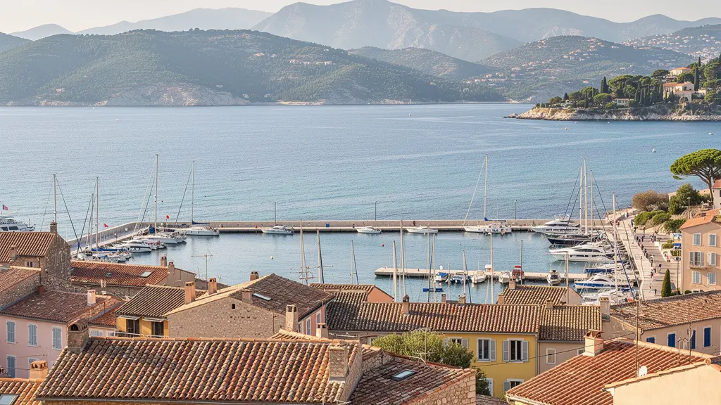 Vue panoramique d'une ville côtière varoise avec port et collines