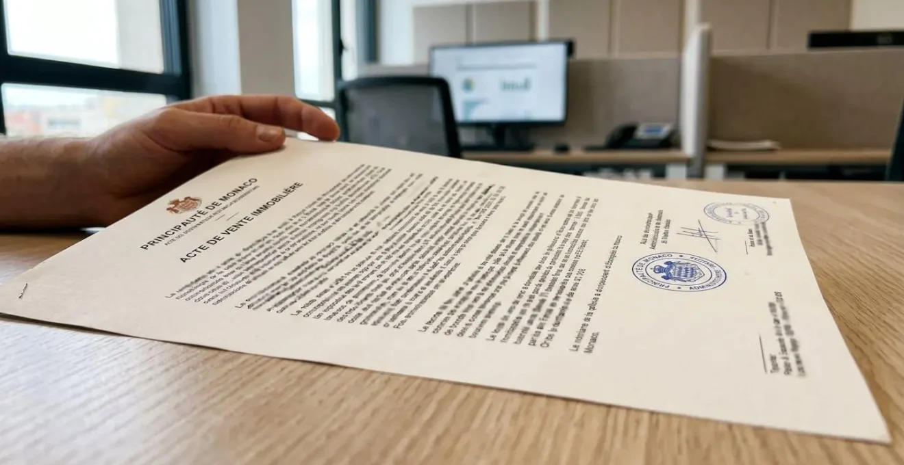 Document officiel de vente immobilière monégasque posé sur un bureau contemporain avec en-têtes administratifs visibles mais illisibles