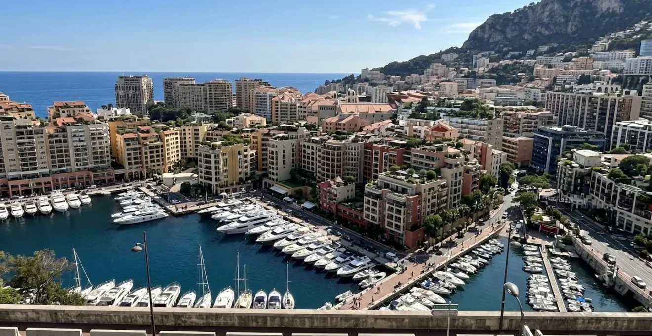 Vue panoramique des tours résidentielles de prestige à Monaco avec le port et la Méditerranée en arrière-plan sous un ciel dégagé