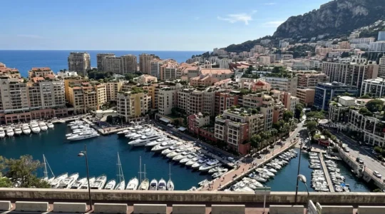 Vue panoramique des tours résidentielles de prestige à Monaco avec le port et la Méditerranée en arrière-plan sous un ciel dégagé