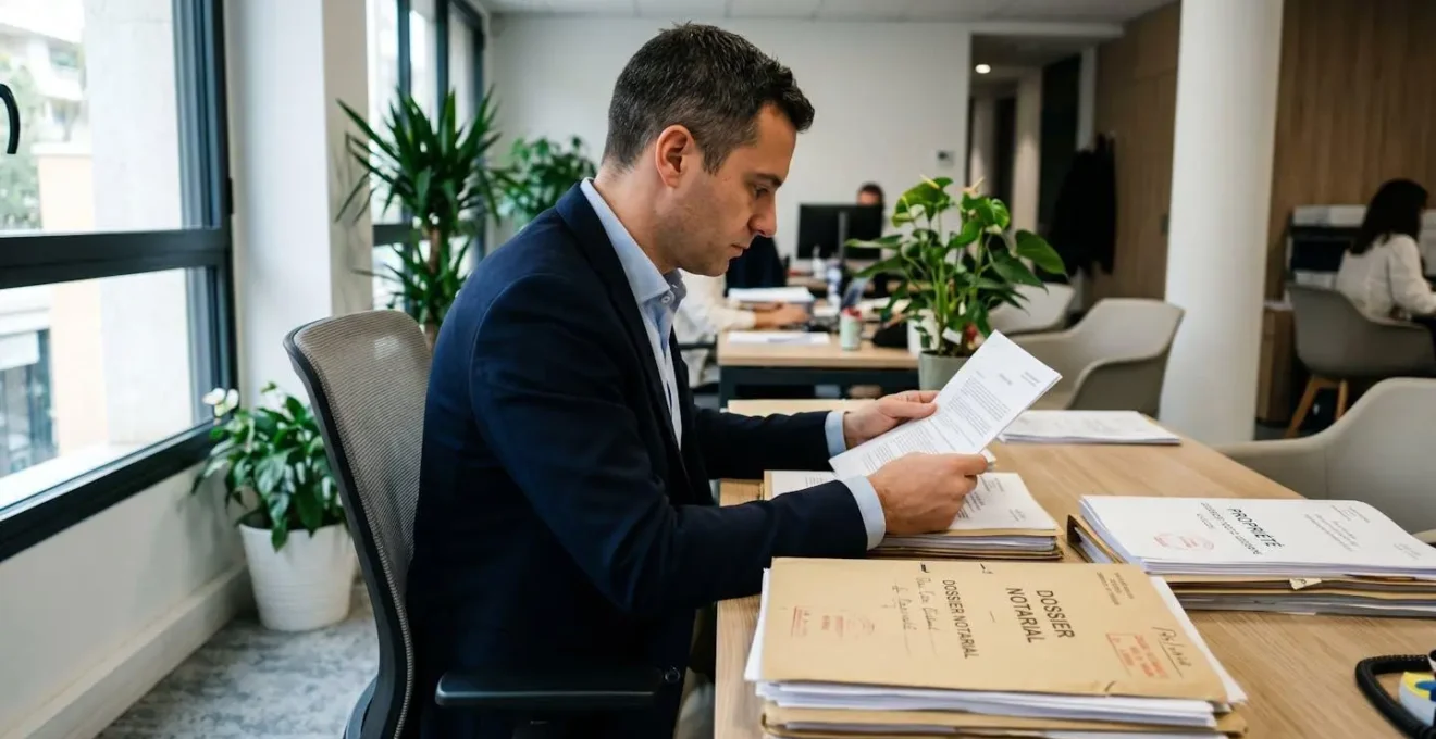 Professionnel en tenue formelle consultant des dossiers immobiliers empilés sur un bureau d'étude notariale moderne à Monaco