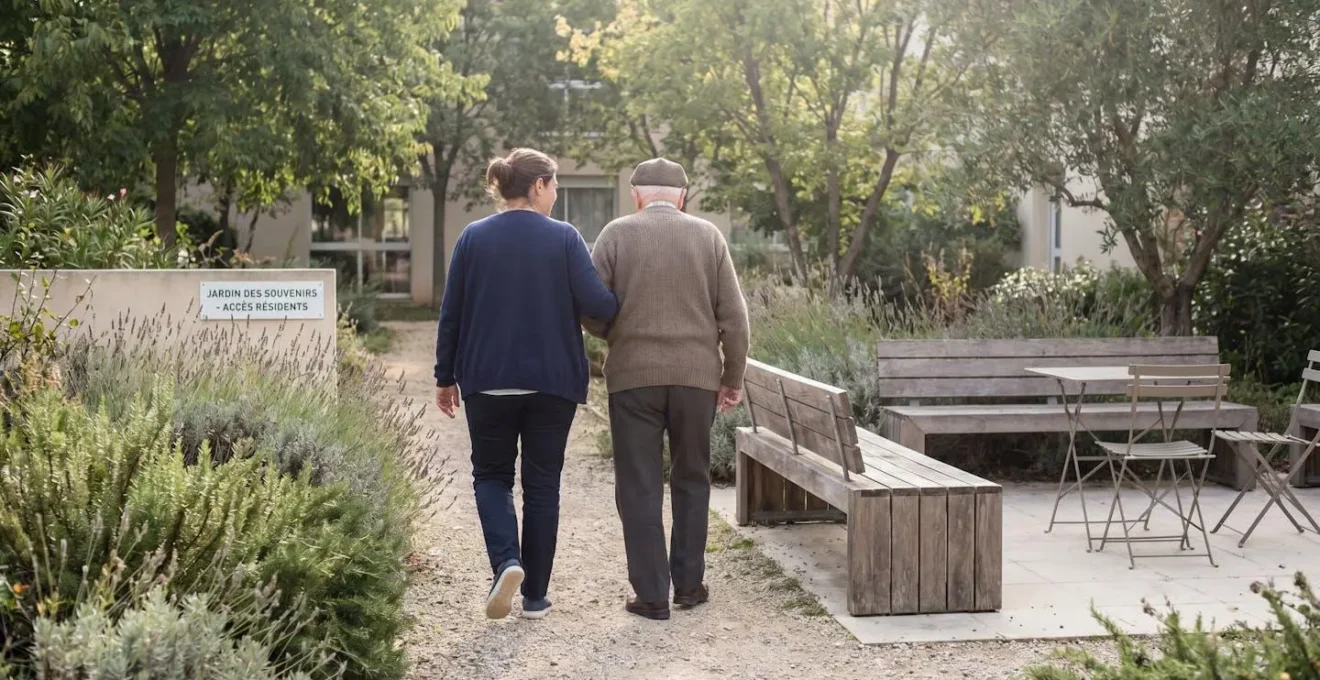 Une aide-soignante accompagne une résidente lors d