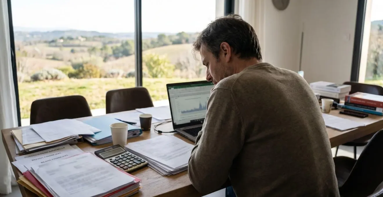 Personne de dos analysant des documents financiers et tableaux de rentabilité immobilière sur un bureau