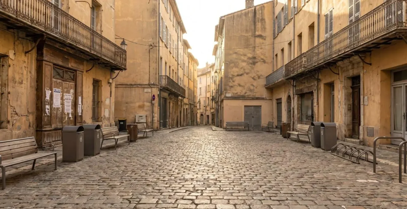 Place aux Aires à Grasse au petit matin, place pavée du centre historique avant l