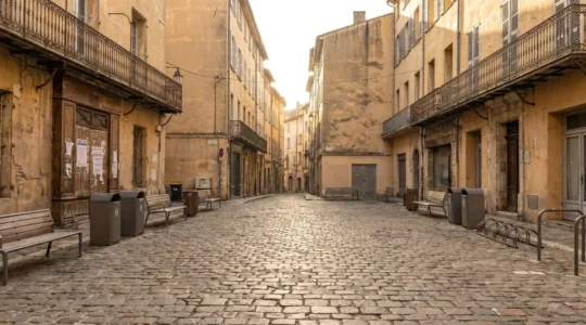 Place aux Aires à Grasse au petit matin, place pavée du centre historique avant l