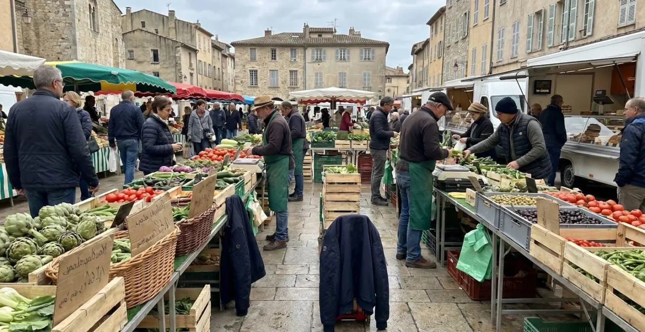 Étals de légumes colorés sur le marché provençal de la place aux Aires à Grasse un matin de semaine, ambiance authentique avec maraîchers locaux