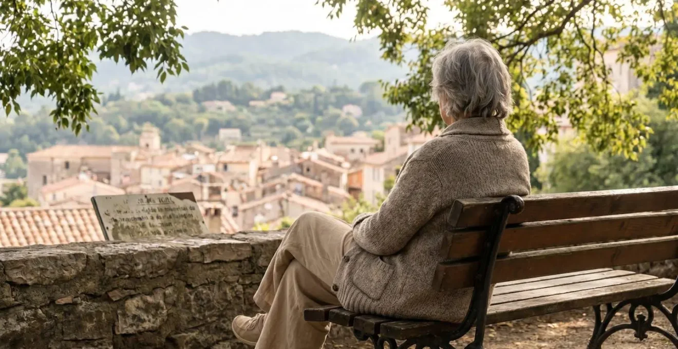 Une femme senior de dos assise sur un banc public du jardin de la Princesse Pauline à Grasse, contemplant la vue panoramique sur les collines et toits de la vieille ville