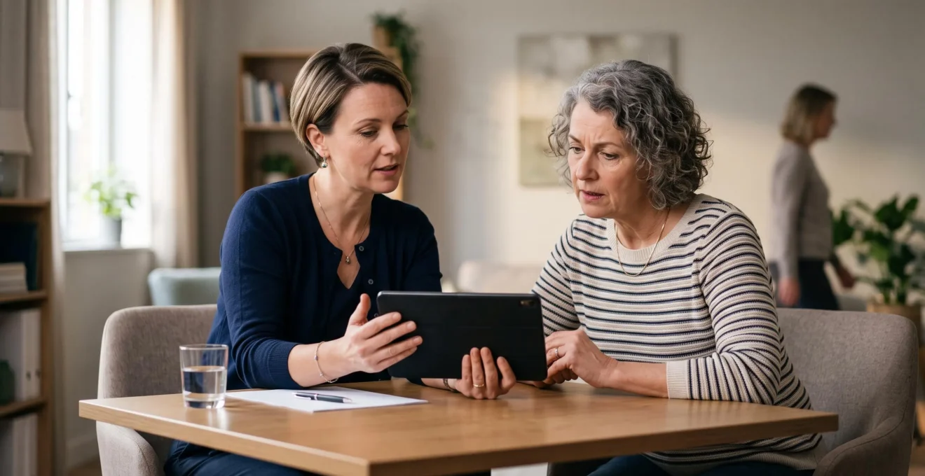 Une conseillère professionnelle utilise une tablette pour accompagner une personne d'âge mûr dans sa recherche d'EHPAD, dans un environnement calme et rassurant favorisant l'échange