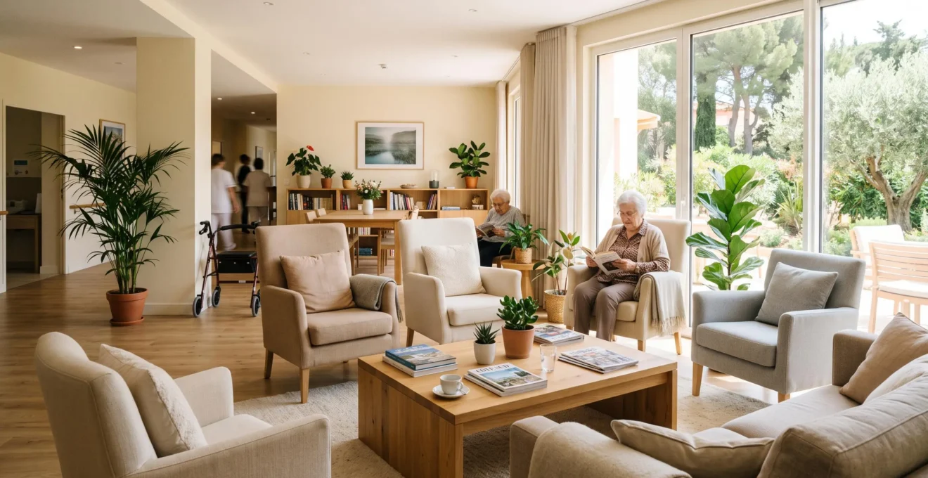 Salon commun lumineux d'un EHPAD moderne avec mobilier confortable, plantes vertes et grandes fenêtres laissant entrer la lumière naturelle, créant un espace de vie chaleureux